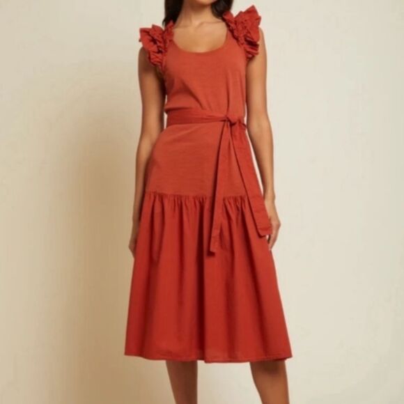 Nation LTD Everleigh Dress Rust Cayenne Ruffle Sleeve  Fit & Flare Cotton Sz XS - Picture 1 of 13